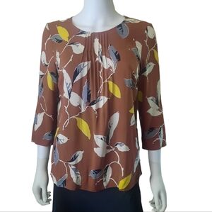 BODEN 3/4 Sleeve Pintucked Front Leaf Print Viscose Blouse Sz 6 Brown/Multi